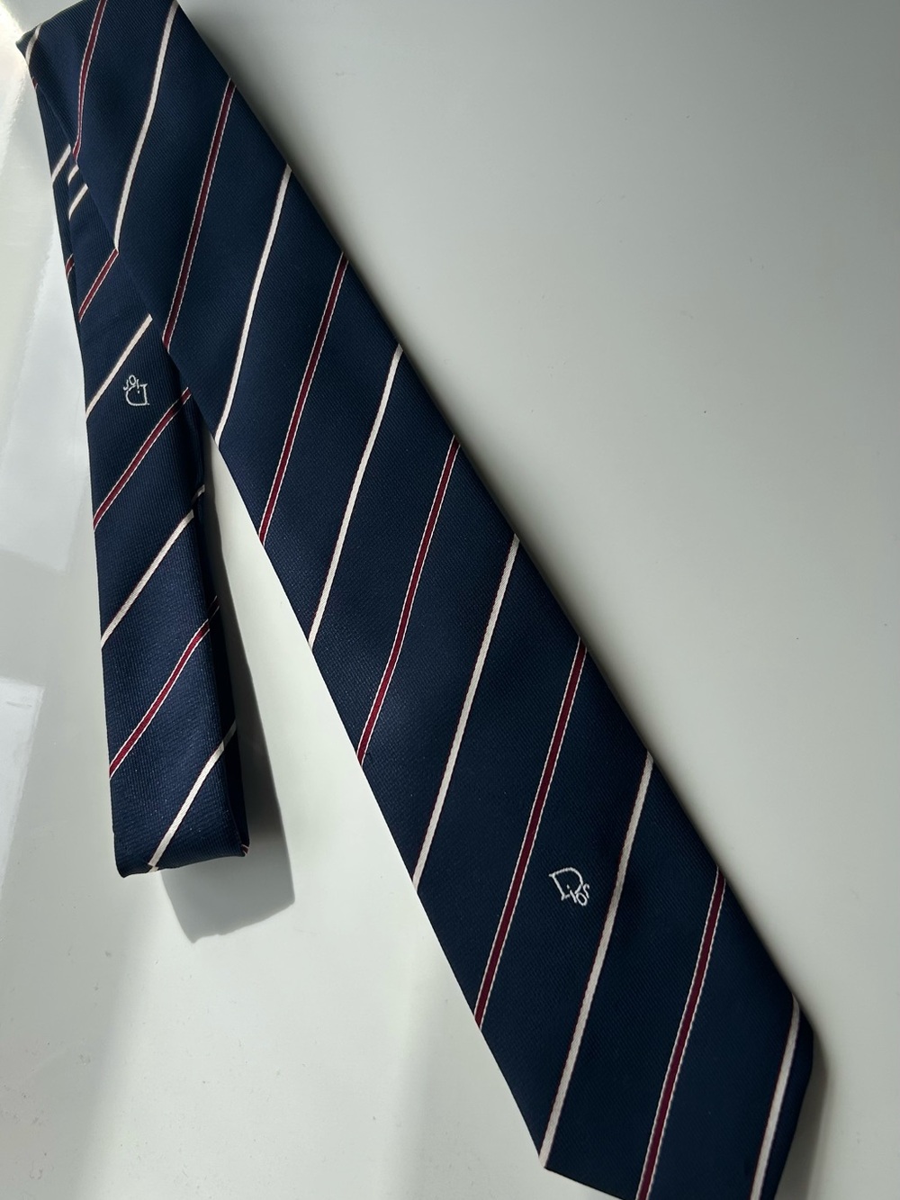 Dior Navy Tie with Cream and Red Diagonal Stripes
